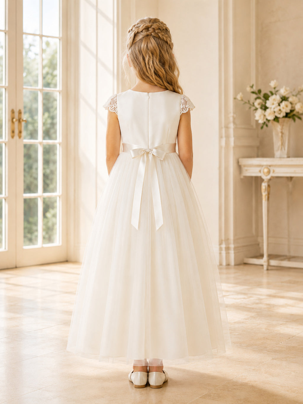 Long Classic Tulle Flower Girl Dress with Bow Waist back view