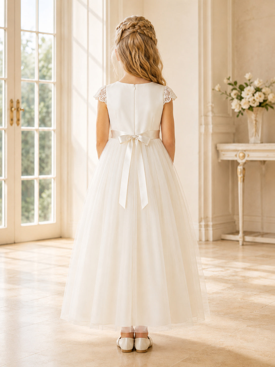 Long Classic Tulle Flower Girl Dress with Bow Waist back view