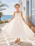 Spaghetti Strap Tulle with Bow A-Line Flower Girl Dress with Tea-Length Skirt and Bow Detail front view