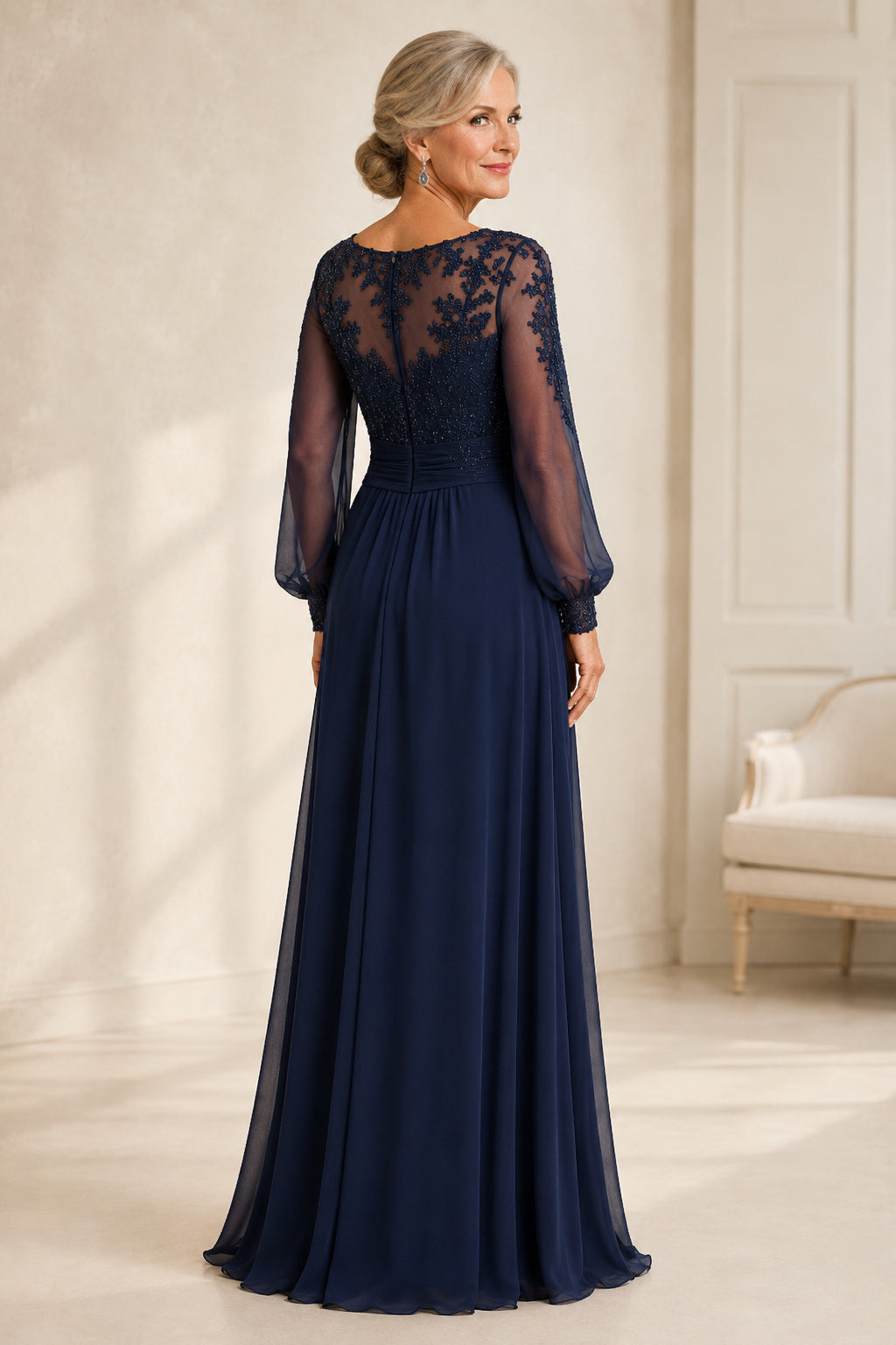 Dark Navy Chiffon A-Line Mother Dress with Long Illusion Sleeves and Lace Bodice back view