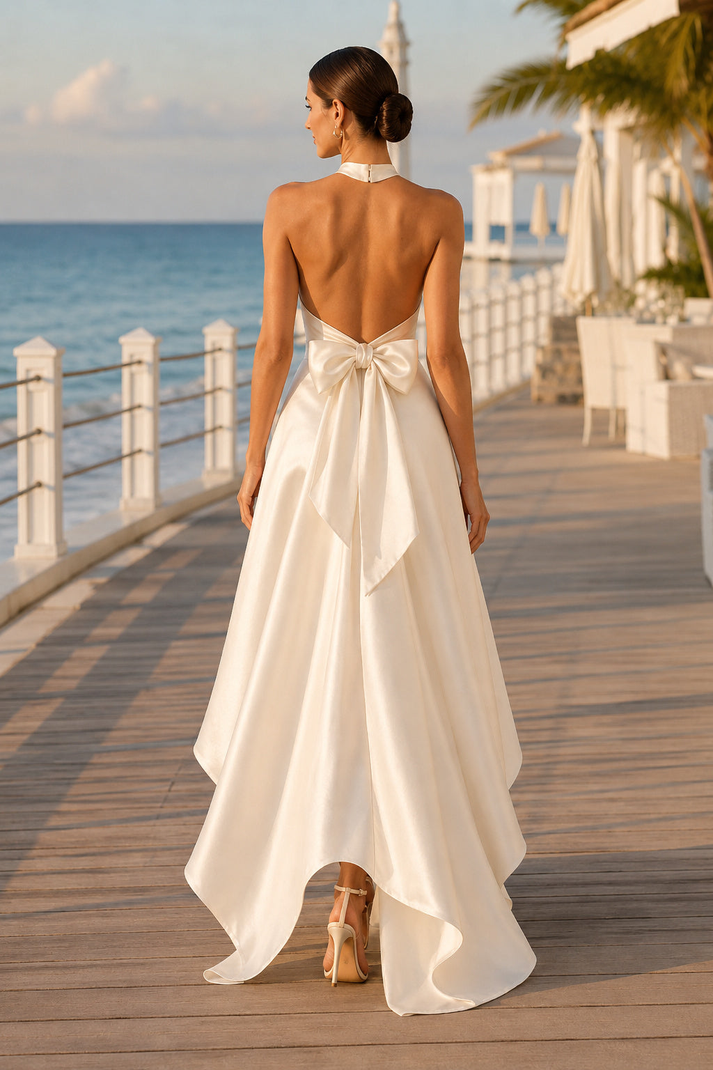 Champagne Halter Satin High Low Wedding Dress Bow Back back view