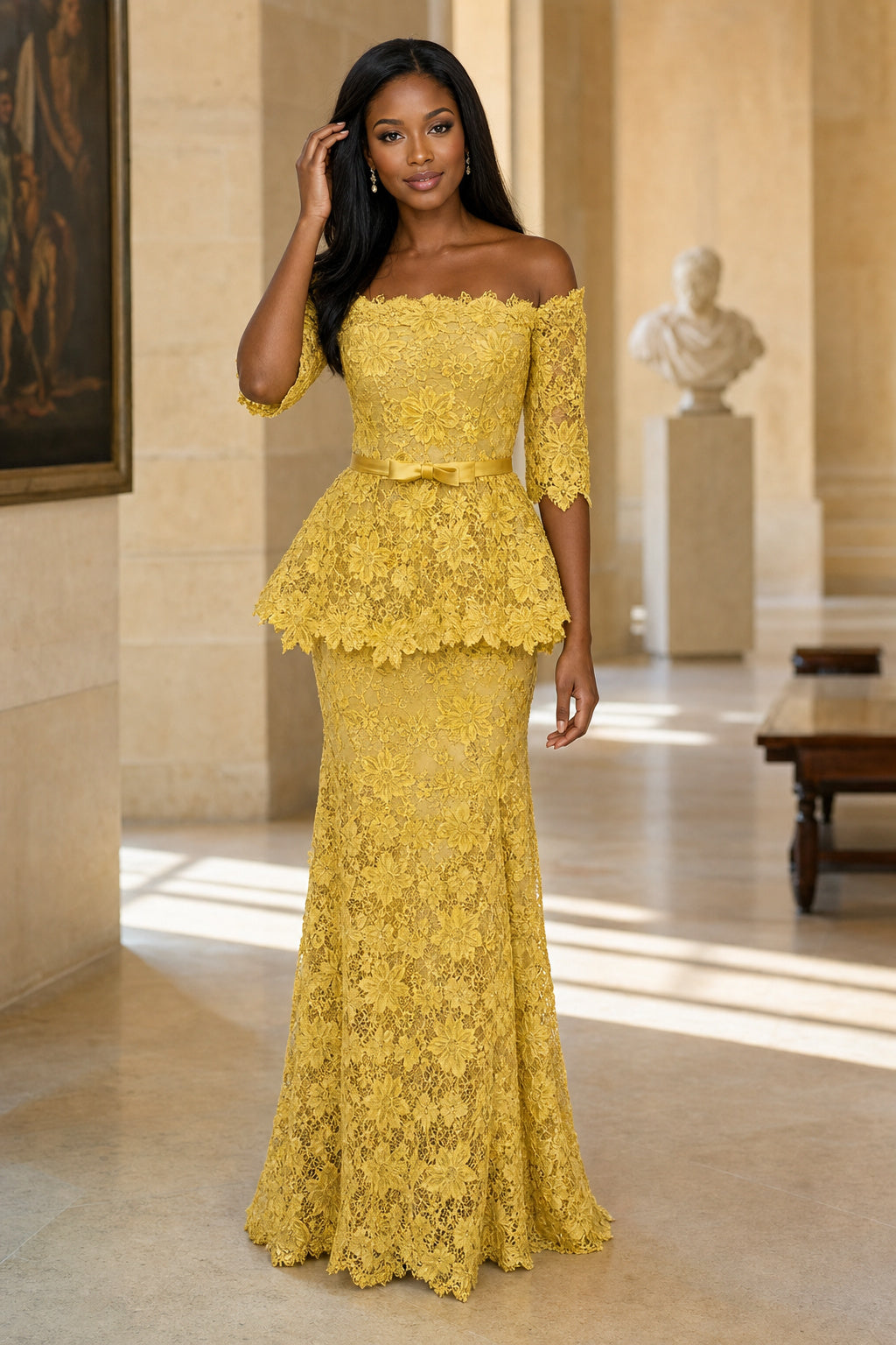 Yellow Off-the-Shoulder Long Sleeve Mermaid Lace Floor-Length Dress With Peplum