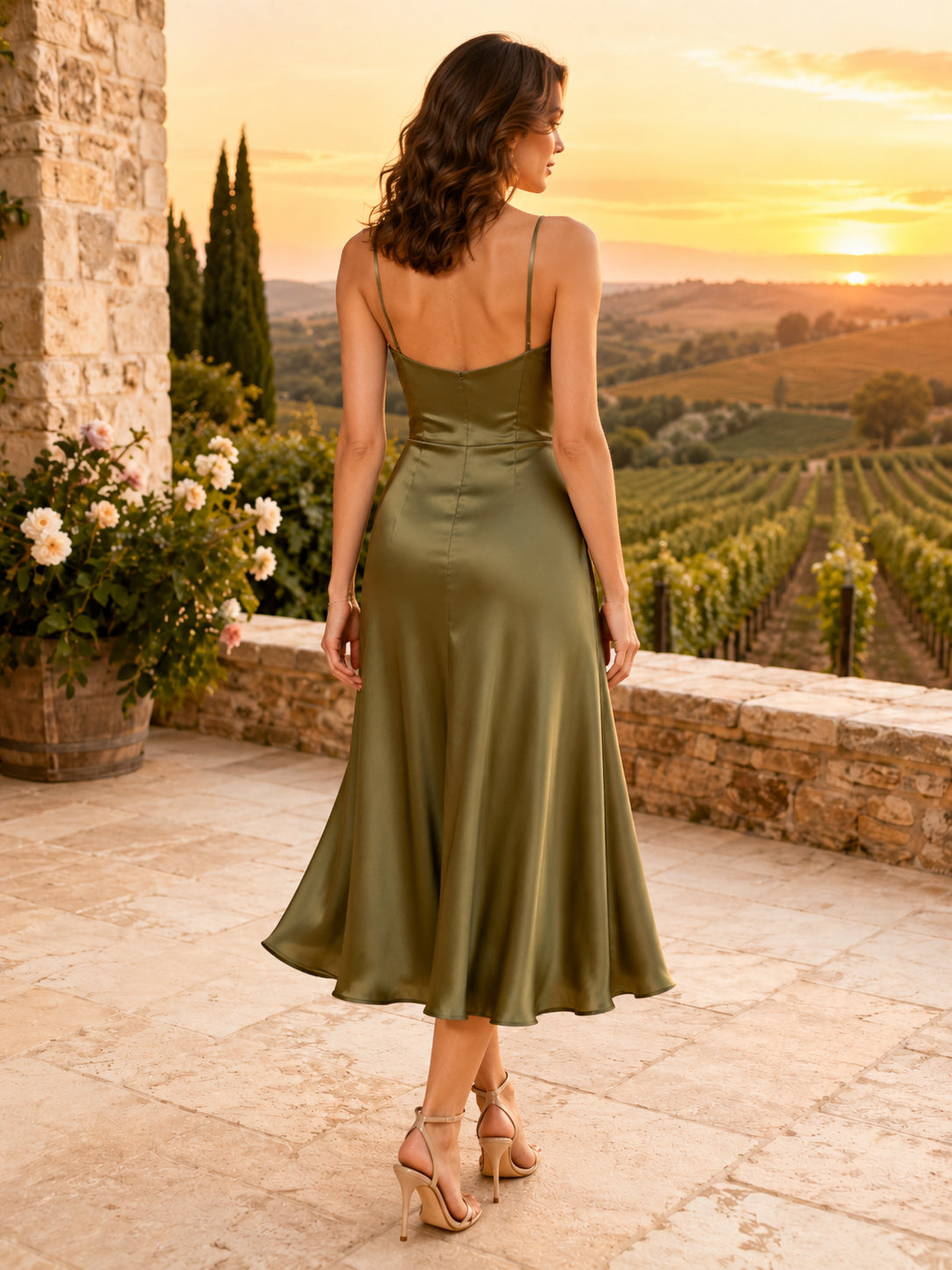 Olive square neck satin flared winery guest midi dress back view