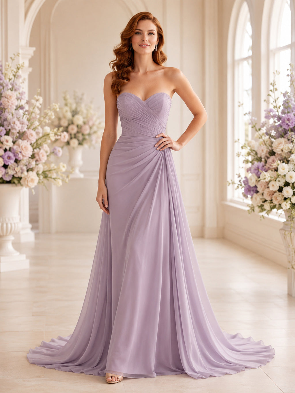 Lavender Strapless Sweetheart Ruched Chiffon A Line Sweep Train Wedding Dress front view