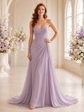 Lavender Strapless Sweetheart Ruched Chiffon A Line Sweep Train Wedding Dress front view