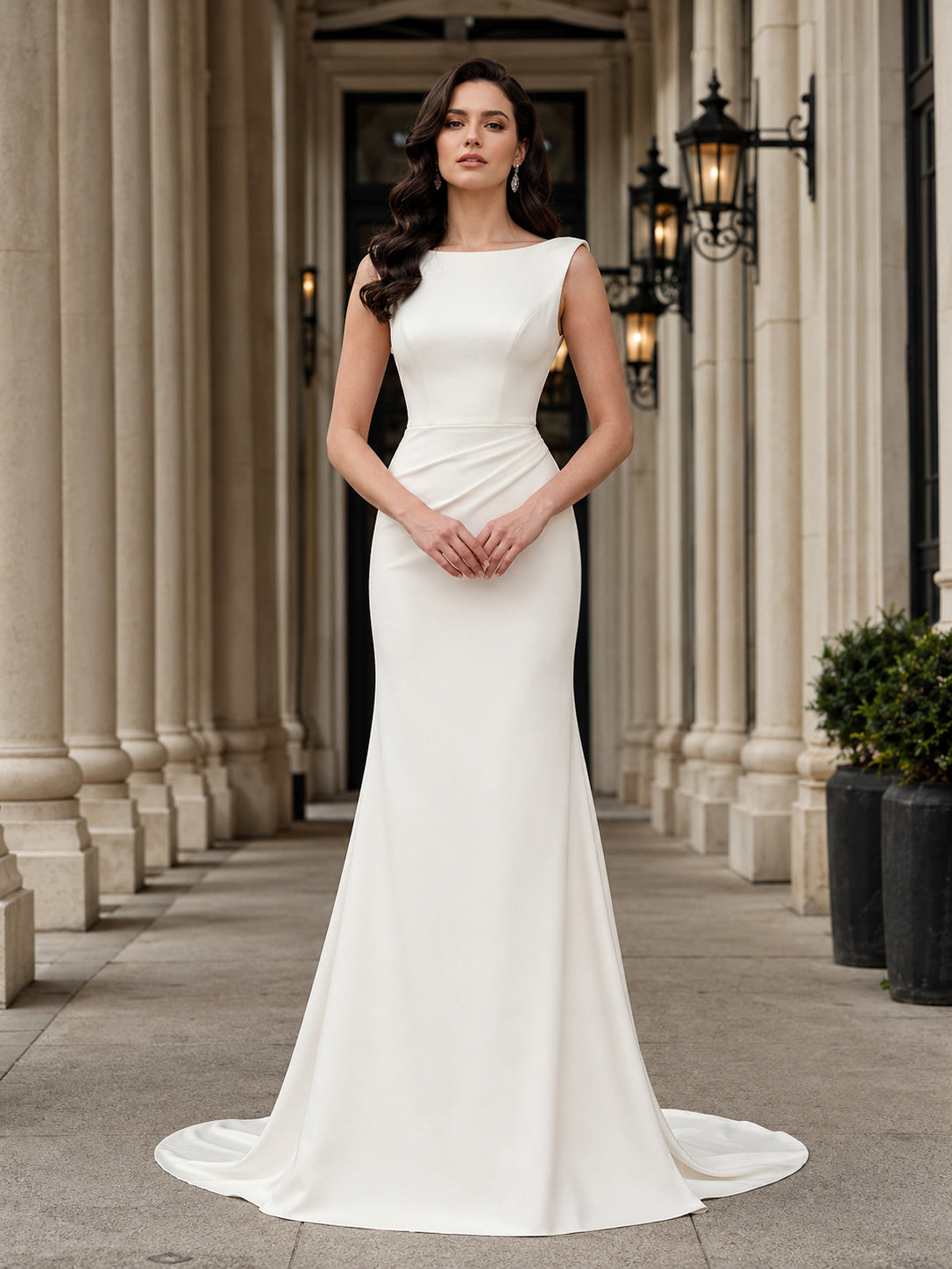 Sleeveless Bateau Crepe Sheath Sweep Train Wedding Dress front view