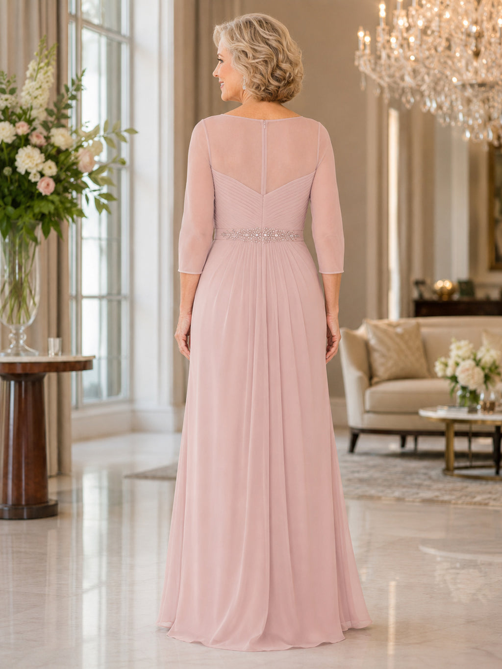 Blush long sleeve chiffon A line grandmother reception gown back view