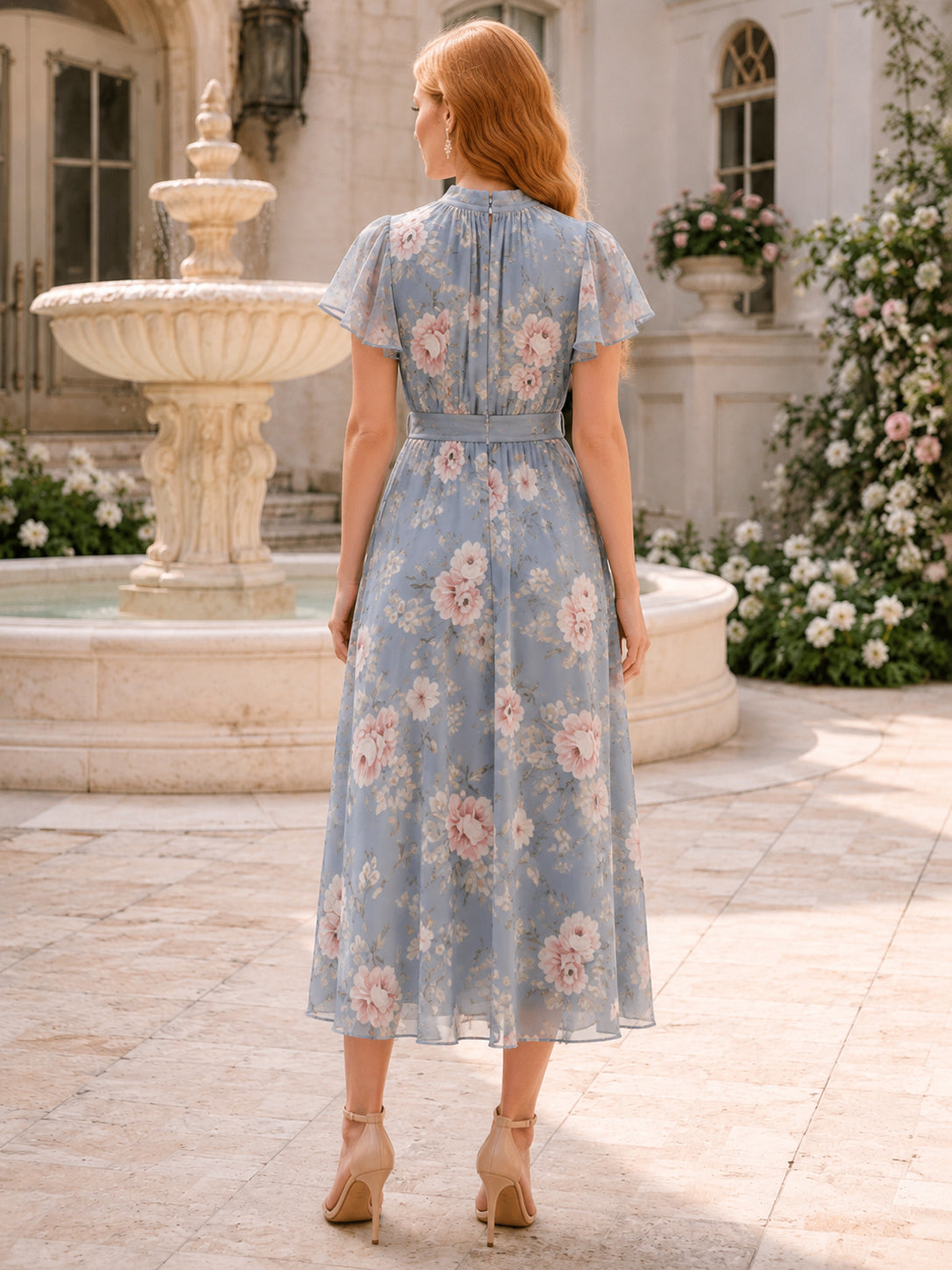 Blue Floral Jewel Neck Short Sleeve Chiffon Midi Guest Dress back view