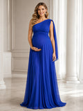 Royal Blue Maternity One-Shoulder Cape Chiffon Empire Sweep Formal Gown front view