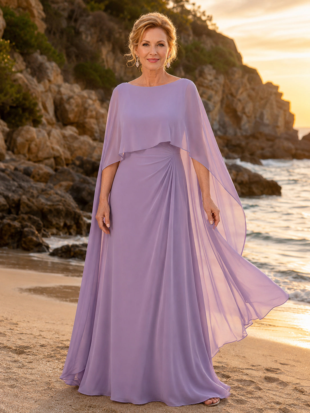 Lavender Ethereal Bateau Sleeveless Layered Chiffon Cape A-Line Floor-Length Sunset Beach Mother of the Bride Dress front vie