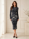 Black Marble Long Sleeve Jewel Neck Bodycon Midi Dress front view
