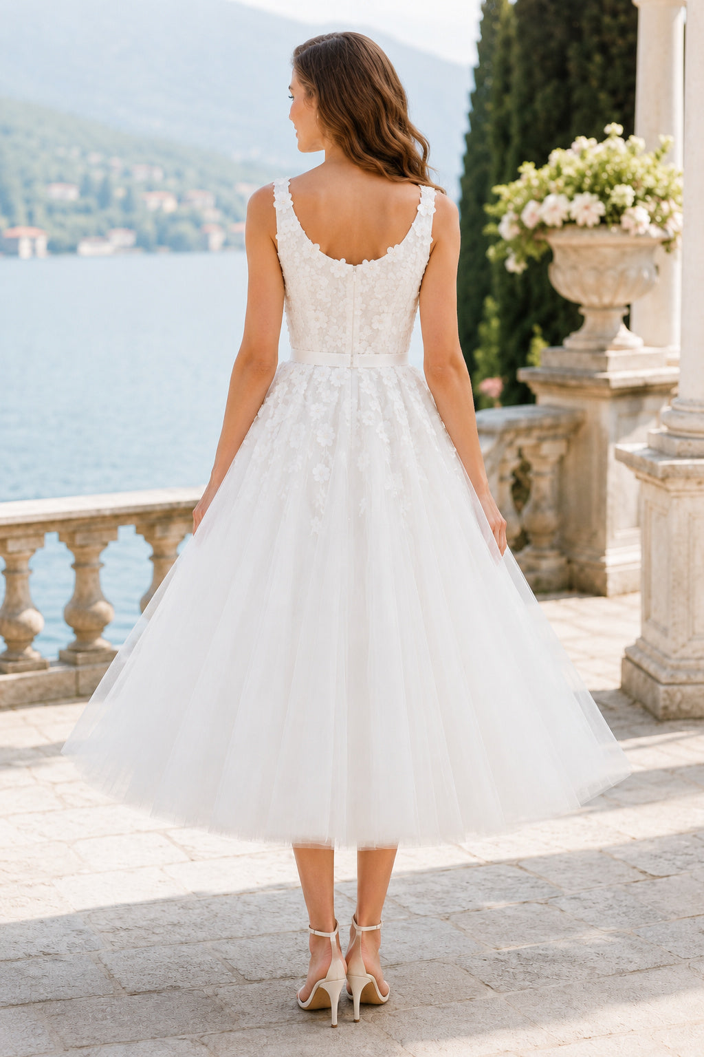 Ivory Sleeveless Lace Bodice Tea-Length Wedding Dress with Tulle Skirt back view