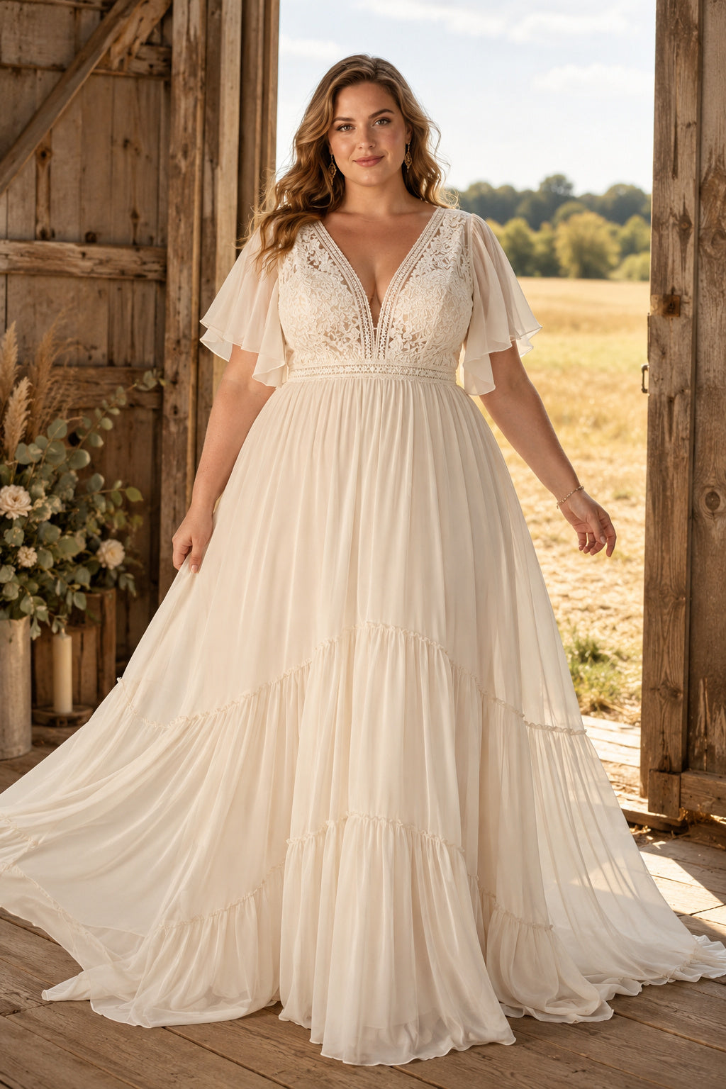 Plus Size Ivory V-Neck Flutter Sleeve Lace Tulle A-Line Wedding Dress with Flutter Sleeves and Soft Chiffon Train front view