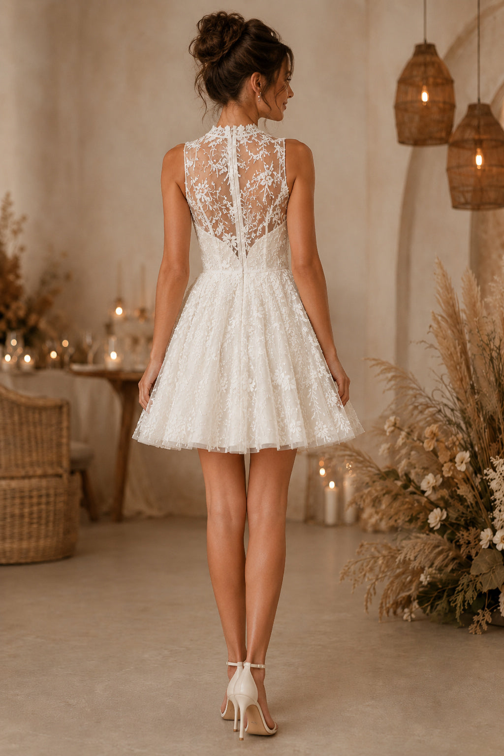 Ivory High Neck Lace Tulle Mini Reception Dress Illusion Back for Wedding Reception and Party back view