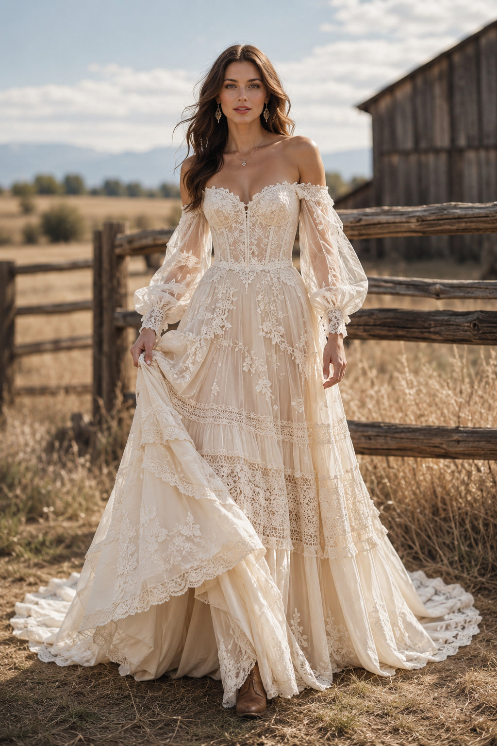 Ivory Off Shoulder Bell Sleeve Tiered Lace A-Line Wedding Dress for Wedding Ceremony and Reception front view