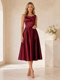 Claret Cowl Neck Sleeveless Satin A-Line Tea-Length Wedding Guest Dress front view