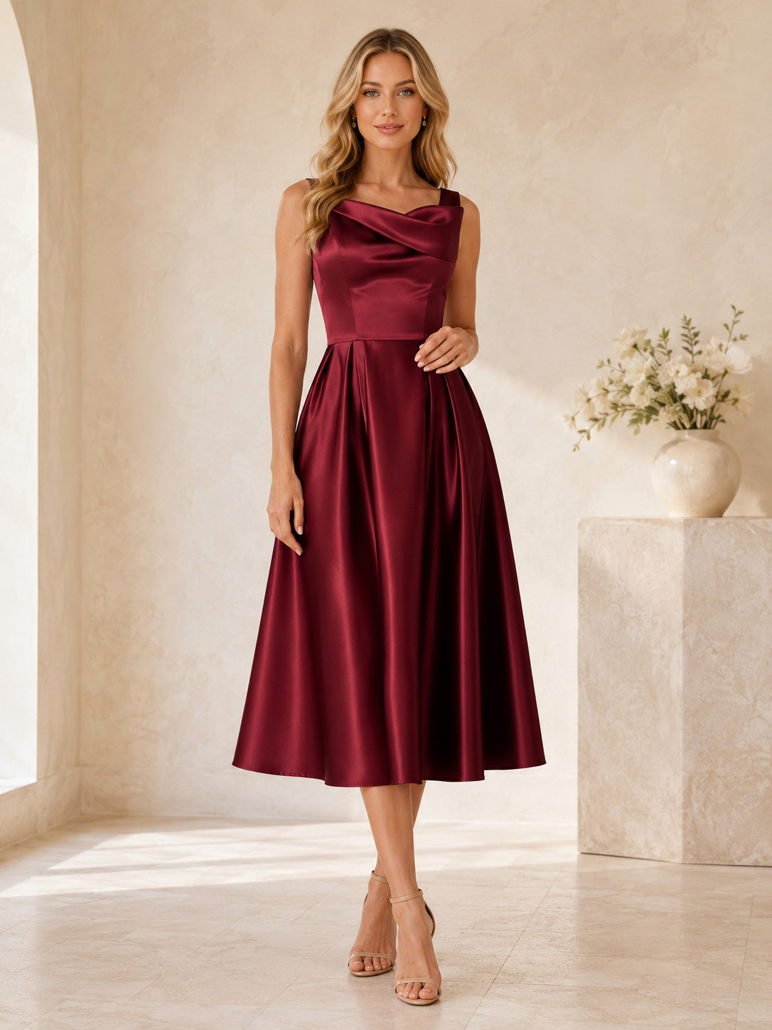Claret Cowl Neck Sleeveless Satin A-Line Tea-Length Wedding Guest Dress front view