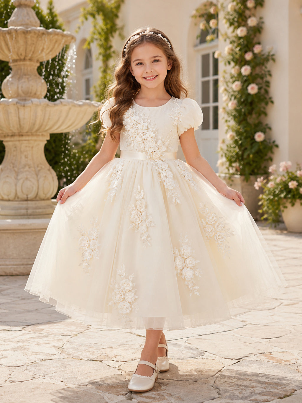 Elegant Ivory Rose Flower Girl Dress with Puff Sleeves, Floral Applique Tulle, A-Line Full Skirt, and Formal Garden Style fro