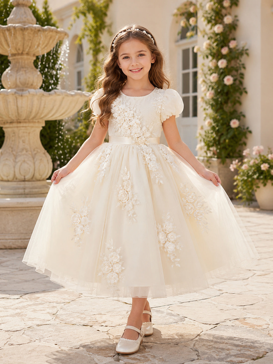 Elegant Ivory Rose Flower Girl Dress with Puff Sleeves, Floral Applique Tulle, A-Line Full Skirt, and Formal Garden Style fro