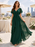 Rooftop Dark Green V-Neck Chiffon A-Line Floor-Length Flutter Sleeve Dress front view