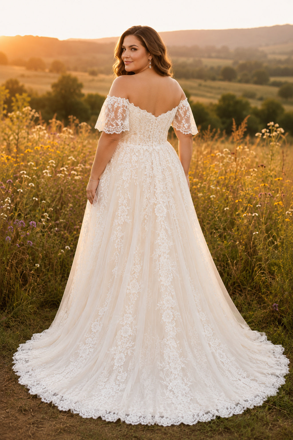Plus Size Ivory Off-the-Shoulder Sweetheart Flutter Sleeve Lace Tulle A-Line Wedding Dress with Floral Lace Appliques and Cha