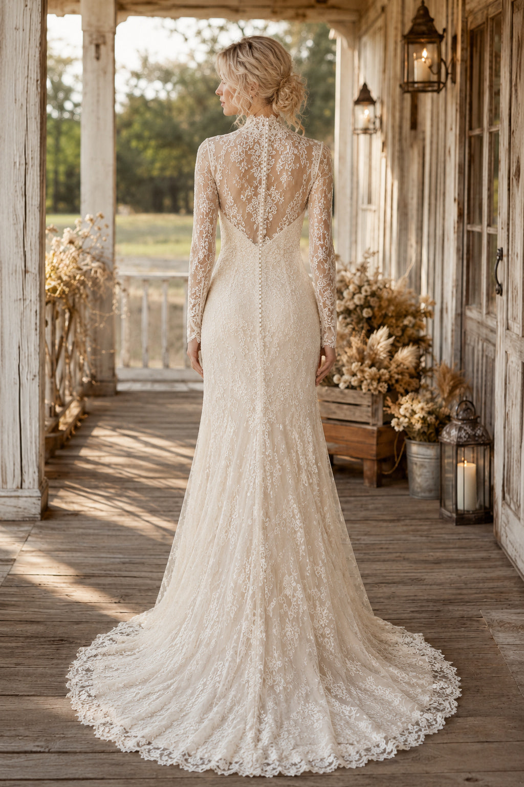 Ivory High Neck Lace Long Sleeve Sheath Wedding Dress with Illusion Back and Train back view