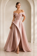 Plus Size Blushing Pink Off-the-Shoulder Satin Ball Gown Prom Dress with Split Front front view