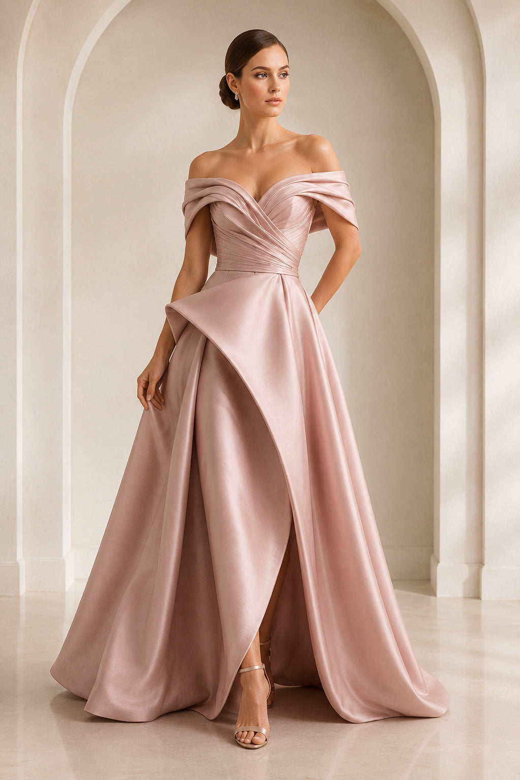 Plus Size Blushing Pink Off-the-Shoulder Satin Ball Gown Prom Dress with Split Front front view