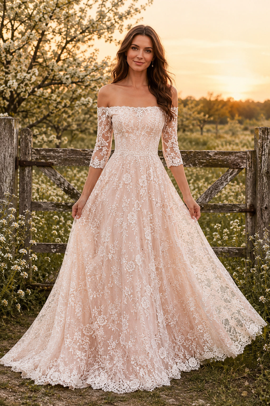 Blushing Pink Off the Shoulder A-Line Wedding Dress with Lace Sleeves and Full Train front view