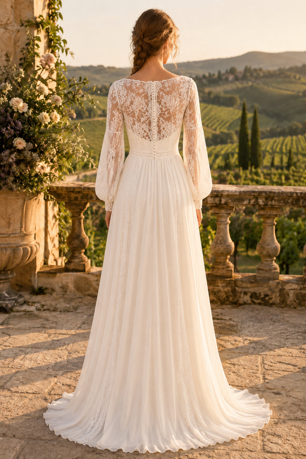 High Neck Long Sleeve A-Line Wedding Dress with Lace Bodice and Chiffon Train for Beach Garden Ceremony Style MG_701253 back