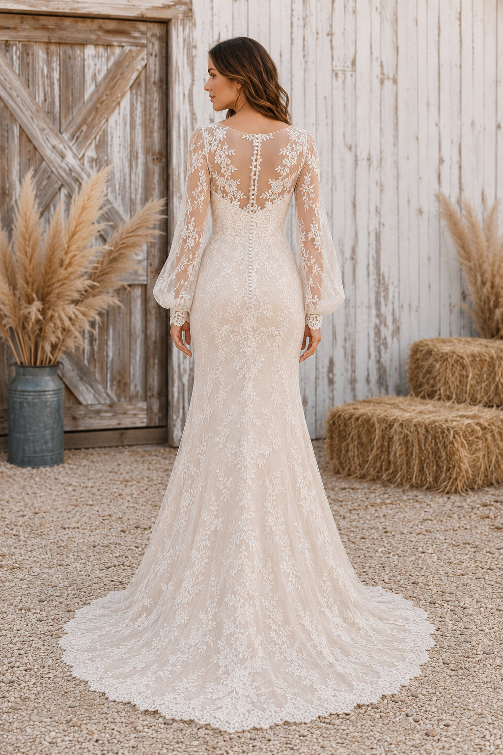 Illusion Long Sleeve Mermaid Wedding Dress with Lace Overlay and Sweep Train for Rustic Garden Ceremony back view