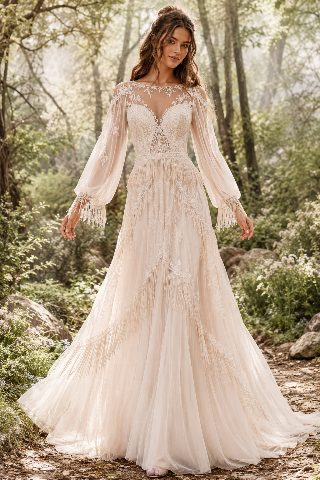Blushing Pink Long Sleeve Illusion Lace A-Line Wedding Dress with Soft Tulle Skirt front view