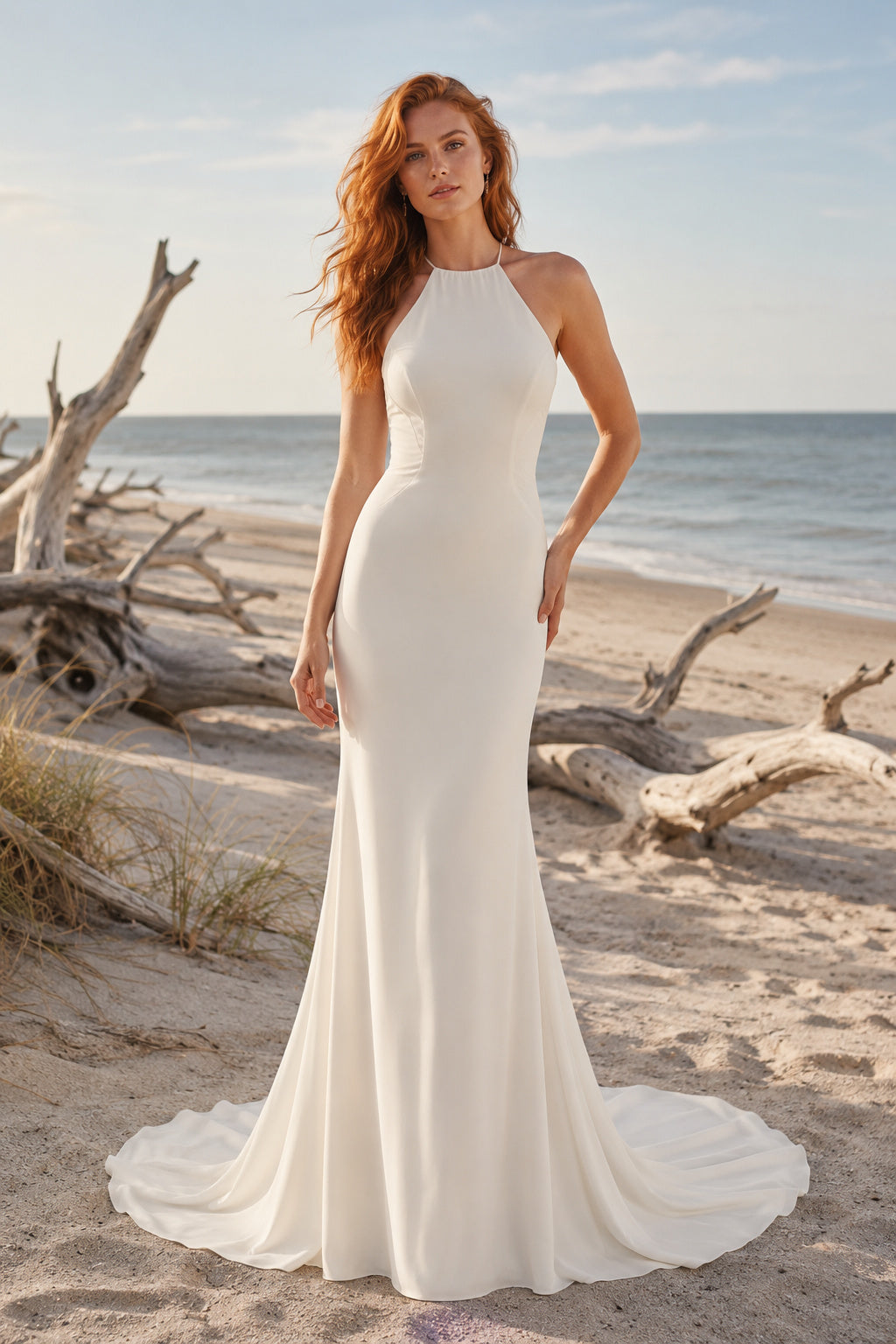 White Halter High Neck Stretch Satin Mermaid Wedding Dress Open Back for Bridal Ceremony and Reception front view