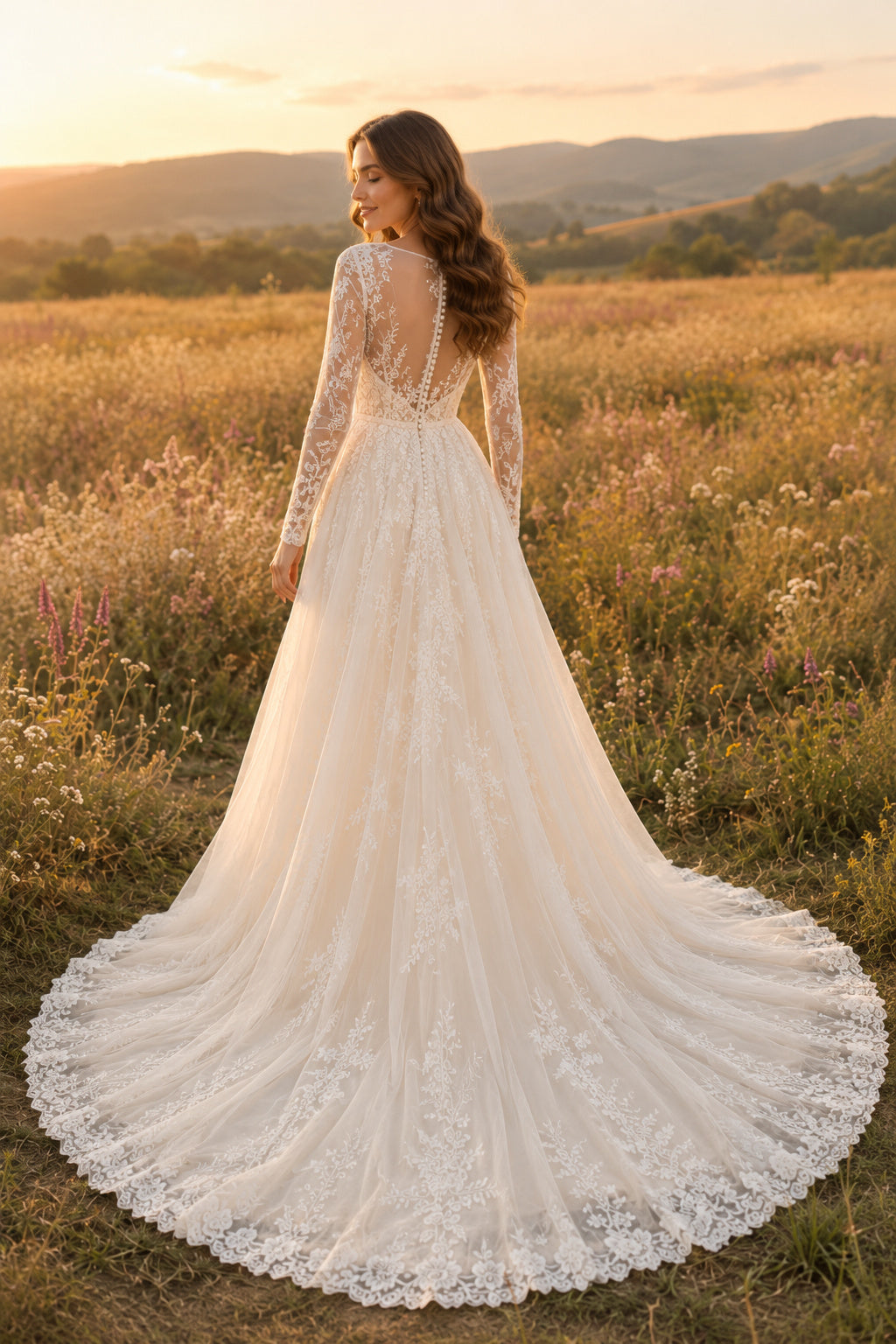 Long Sleeve V-Neck A-Line Wedding Dress with Lace Bodice and Full Tulle Train for Beach Garden Ceremony back view