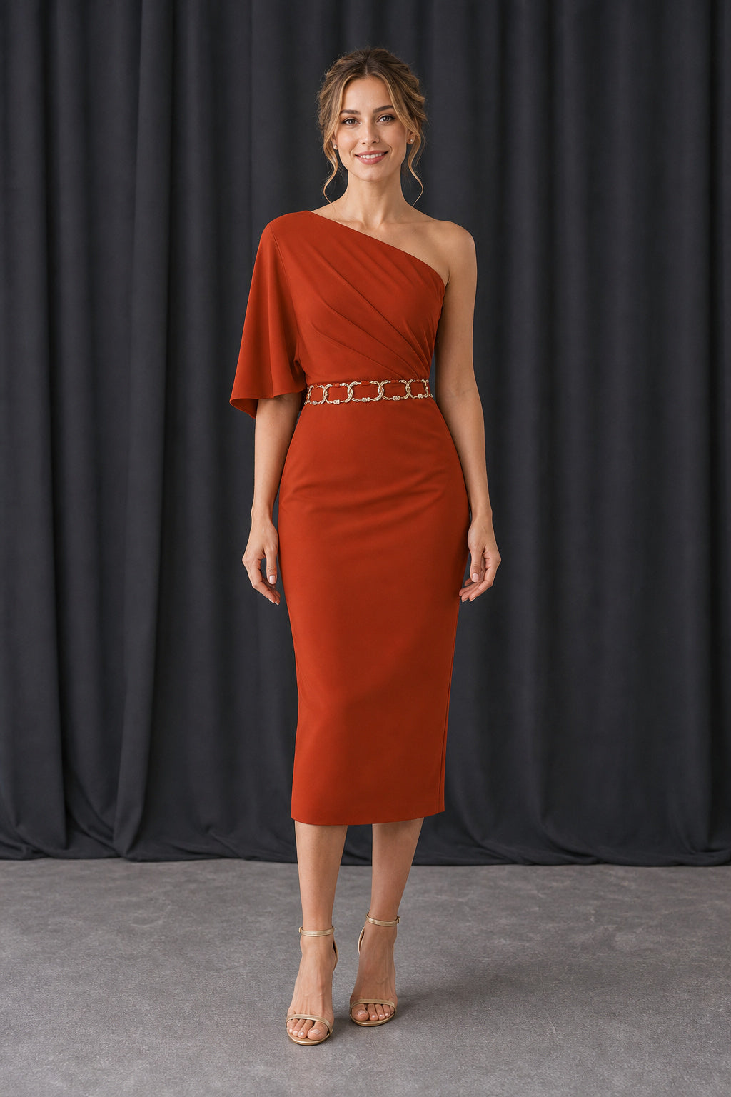 Rust One-Shoulder Sheath Crepe Knee-Length Dress With Beaded Waist