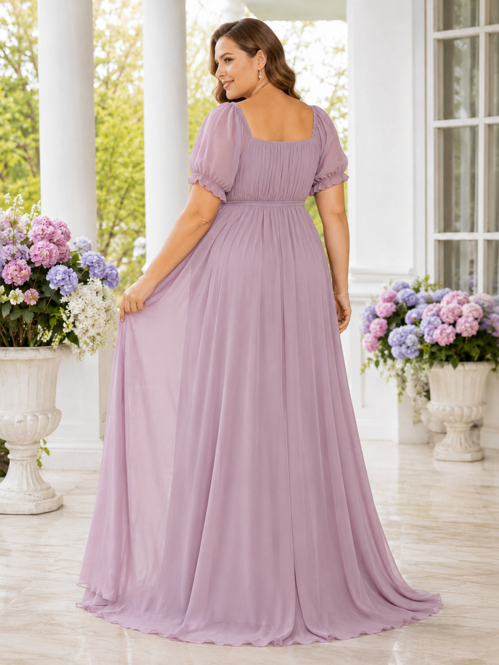 Lavender Plus Size Maternity Square Neck Puff Sleeve Chiffon Empire Formal Gown back view