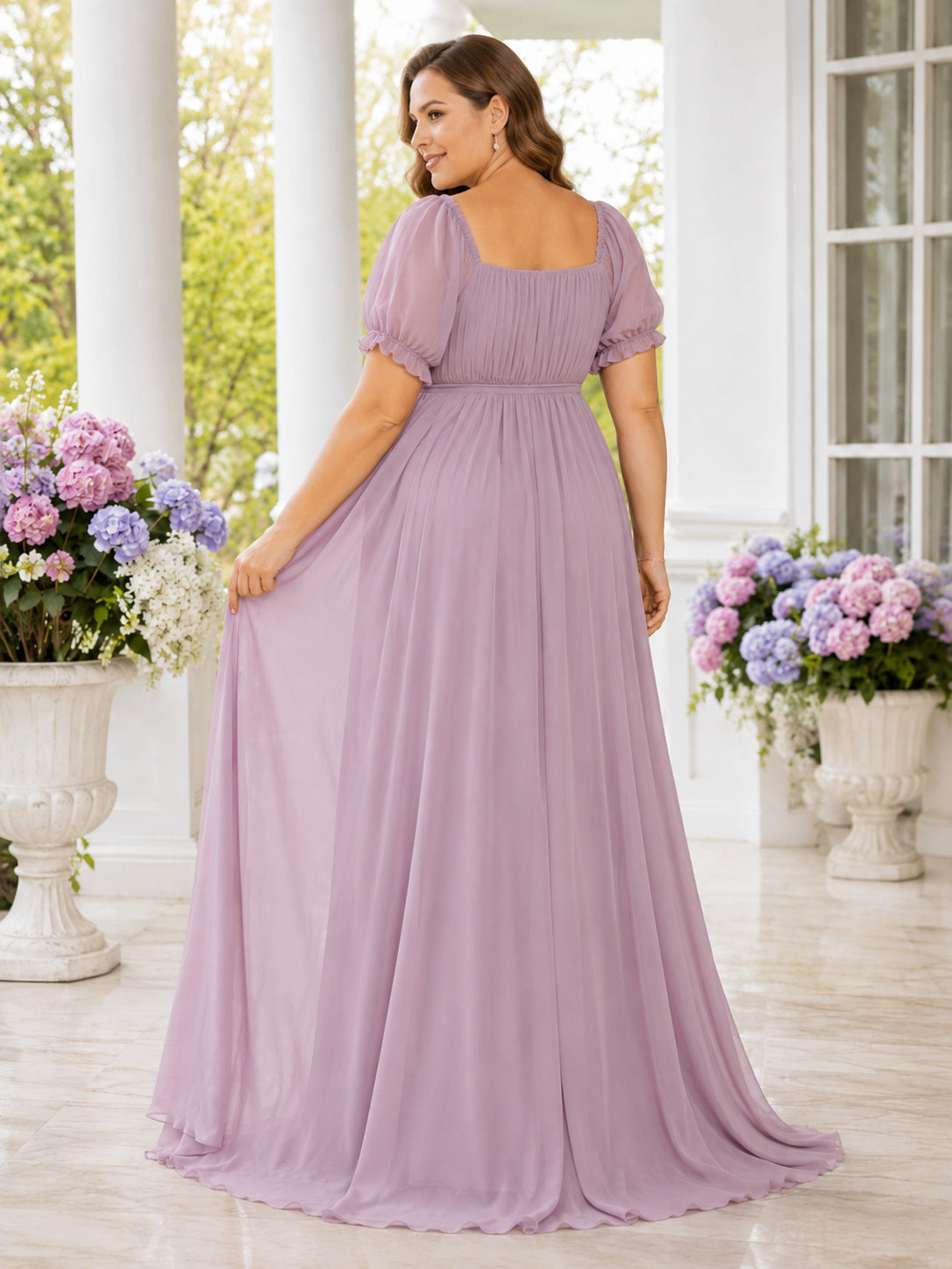 Lavender Plus Size Maternity Square Neck Puff Sleeve Chiffon Empire Formal Gown back view