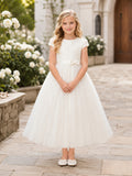White Modest Cap Sleeve Tulle Communion Flowergirl Church Dress front view