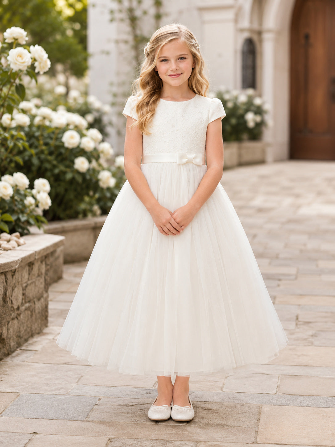 White Modest Cap Sleeve Tulle Communion Flowergirl Church Dress front view