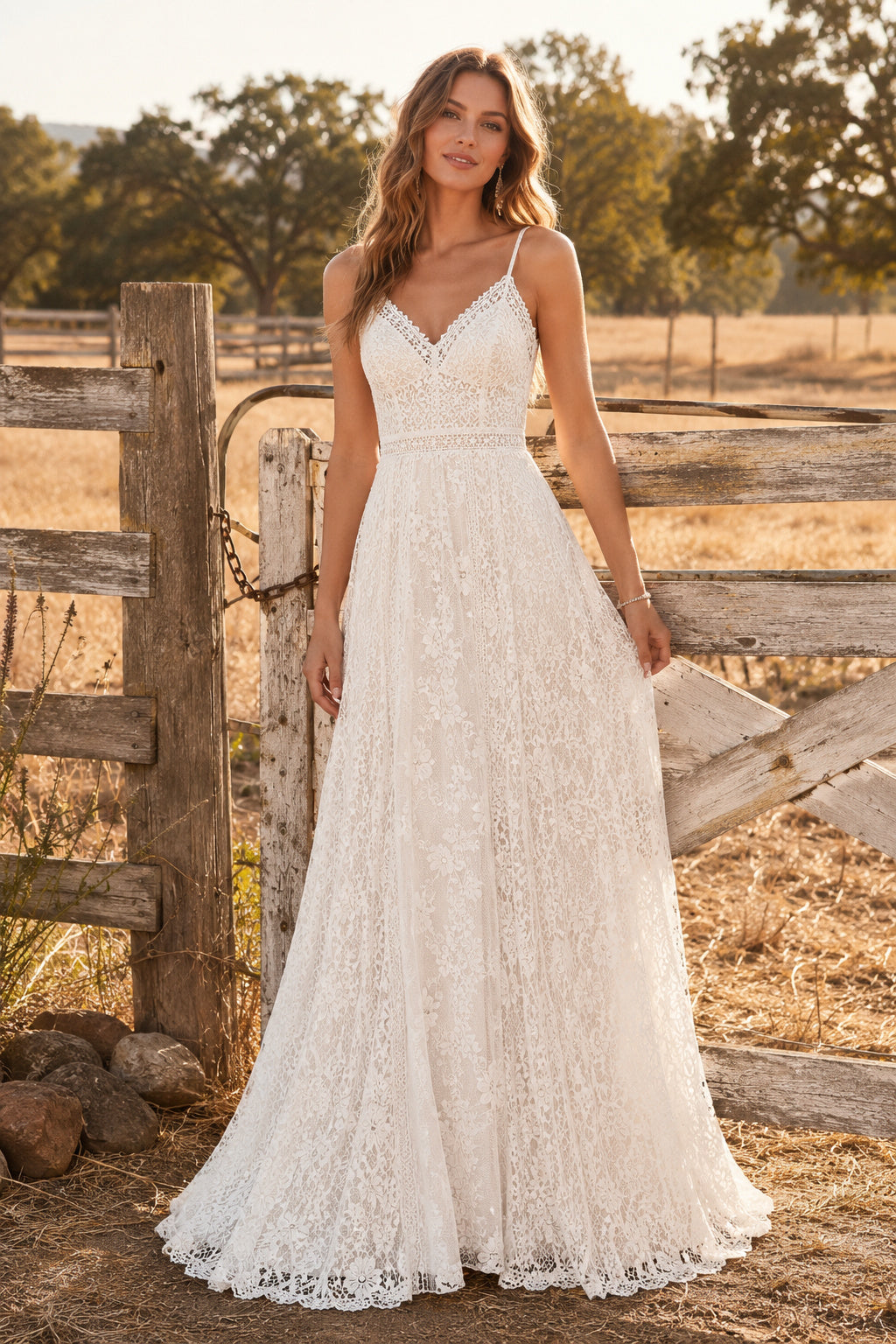 Spaghetti Strap V-Neck A-Line Wedding Dress with Allover Lace and Sweep Train for Rustic Garden Ceremony front view