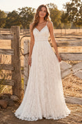 Spaghetti Strap V-Neck A-Line Wedding Dress with Allover Lace and Sweep Train for Rustic Garden Ceremony front view