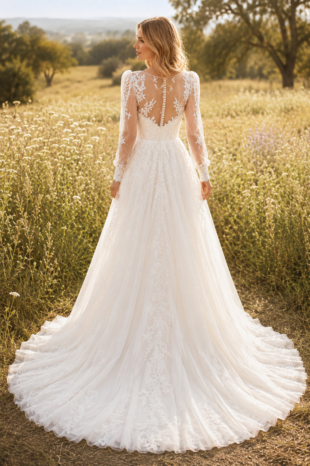 Ivory Illusion Jewel Long Sleeve A-Line Wedding Dress with Lace Appliques and Chapel Train back view
