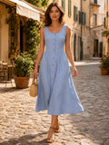 Blue Button Front Sleeveless Linen Travel Midi Dress front view