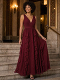 V-neck Sleeveless A-Line Chiffon Floor-Length Dress With Ruffled Skirt