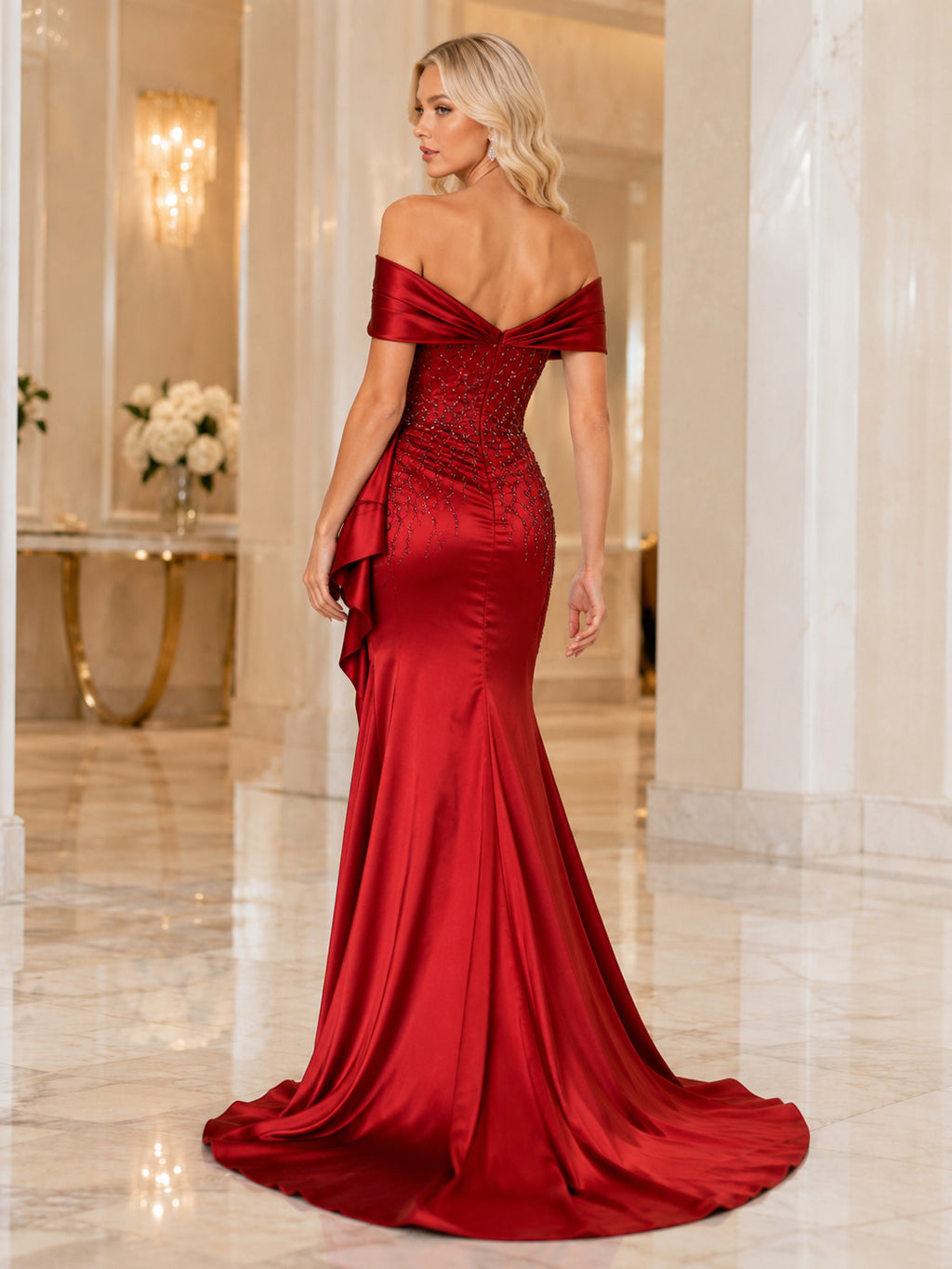 Red Off Shoulder Embellished Satin High Slit Mermaid Dress back view