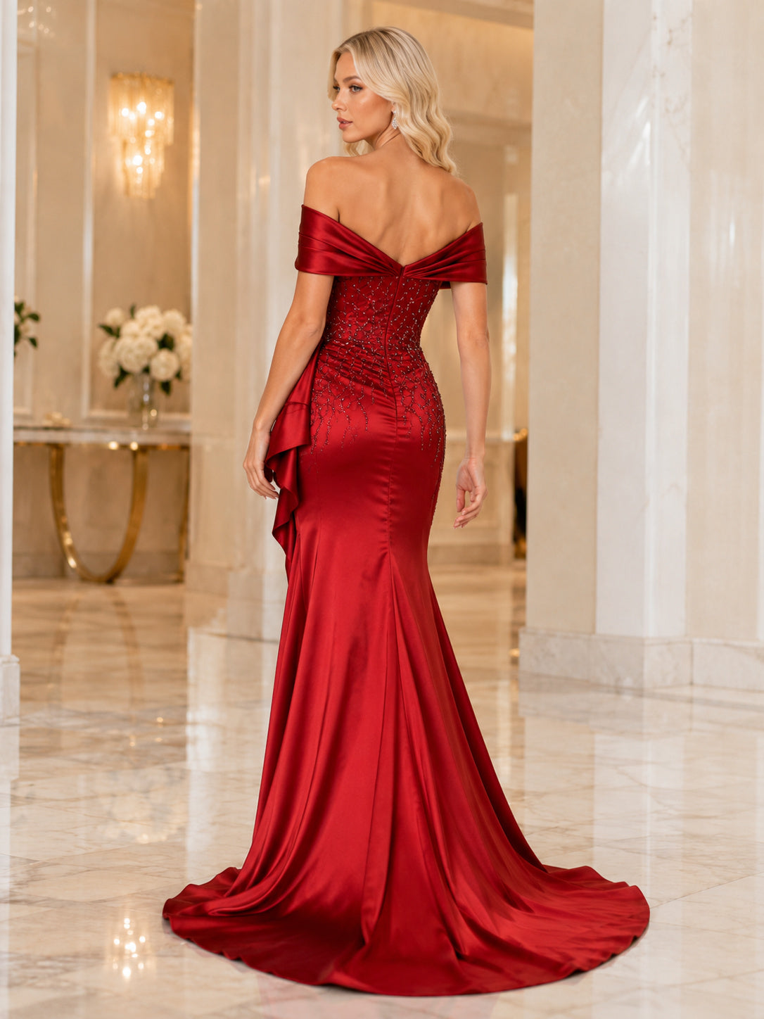 Red Off Shoulder Embellished Satin High Slit Mermaid Dress back view