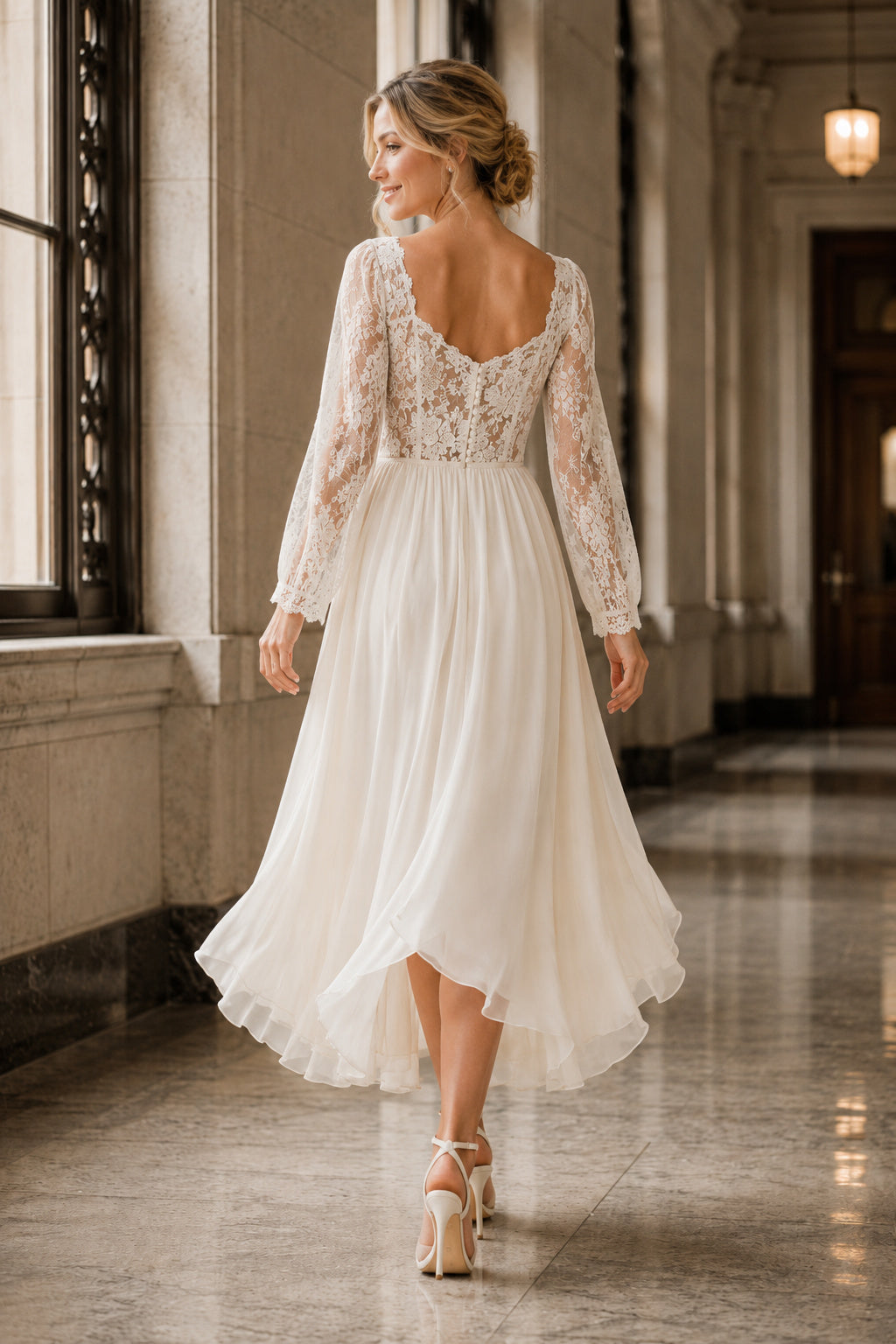 Ivory Square Neck Short Sleeve High-Low Lace A-Line Wedding Guest Dress back view