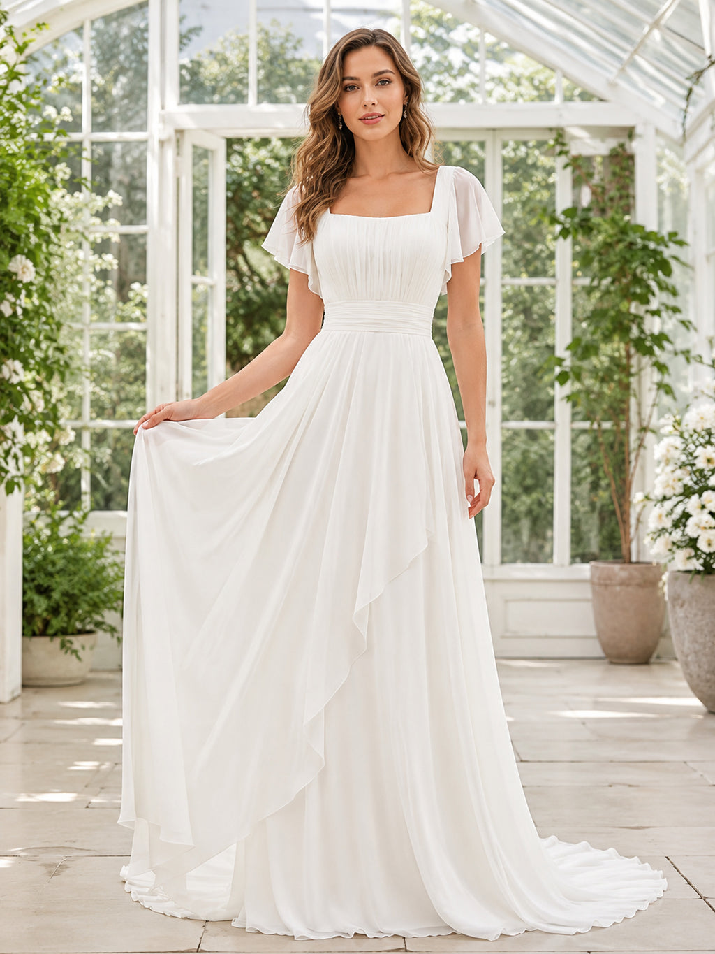 Boho Square Neck Flutter Sleeve Cascading Ruffle Chiffon A-Line Sweep Wedding Gown front view