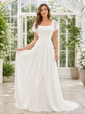 Boho Square Neck Flutter Sleeve Cascading Ruffle Chiffon A-Line Sweep Wedding Gown front view