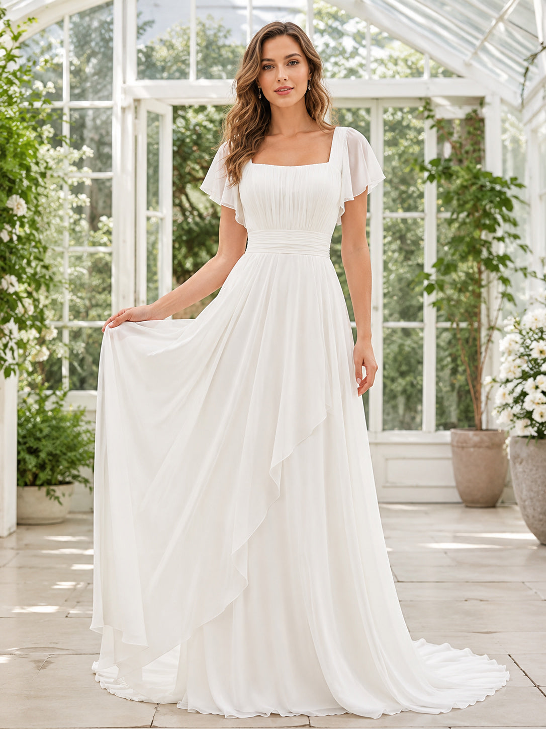 Boho Square Neck Flutter Sleeve Cascading Ruffle Chiffon A-Line Sweep Wedding Gown front view